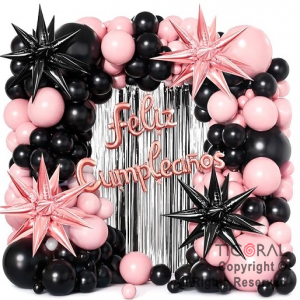 SET DE GLOBOS ARCO XL FELIZ CUMPLEA�OS NEGRO Y ROSA XSR 72 UNIDADES